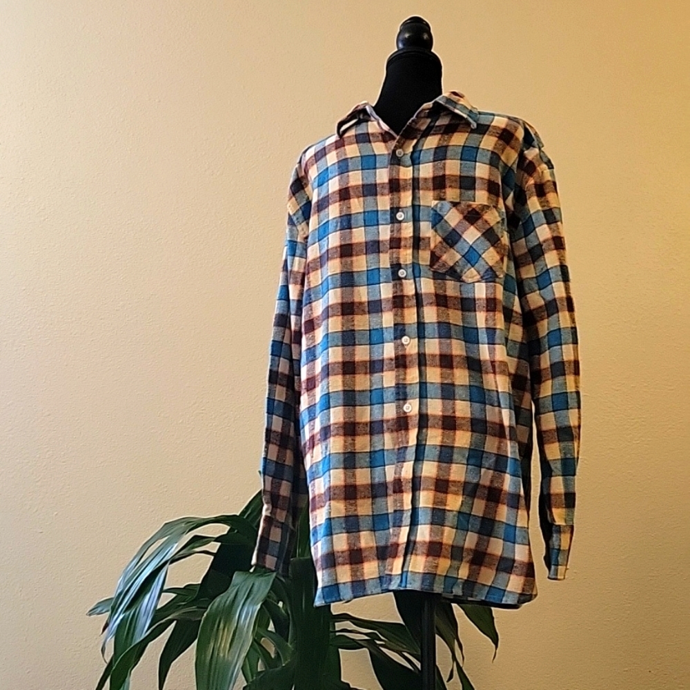 Bogari 2XL Blue Brown tartan Plaid flannel shirt italy